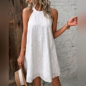 NEW Boho Embroidered Eyelet Lace Sleeveless Halter Short Dress White